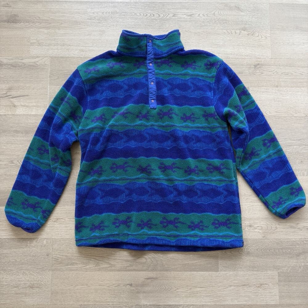 Vintage LL Bean Fleece Med 1/4 Snap Gecko Jacket Pullover 90s Lizard Aztec